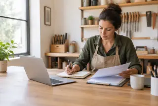 Artisan travaillant sur les démarches de création de son entreprise dans un atelier professionnel.