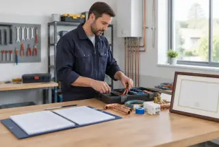 Artisan examinant un diplôme et rangeant ses outils dans un atelier professionnel
