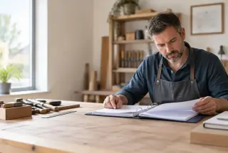 Artisan expérimenté consultant un dossier de qualification dans son atelier professionnel.